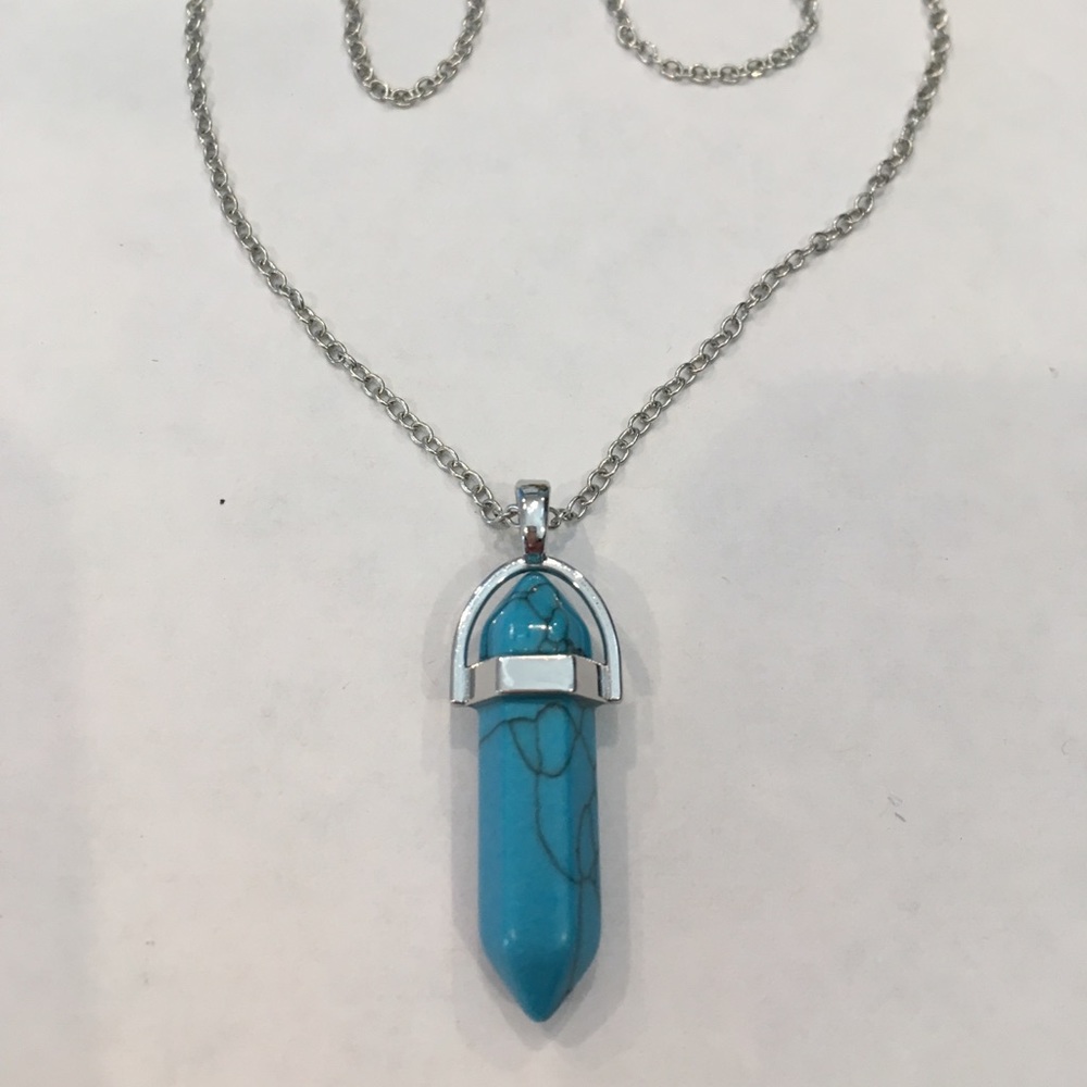 Boho Turquoise Blue Marble  Pendant Necklace with silver chain NWT - Picture 5 of 5